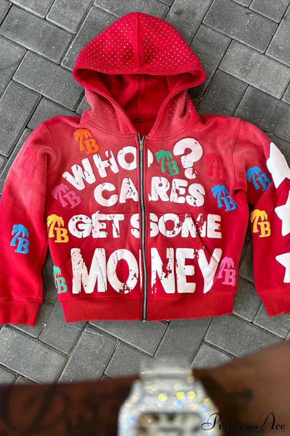 Foam Letter Print Hip-Hop Zip Hoodie - Image 7