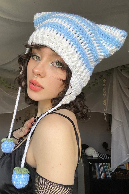 Fox Ears Color Block Striped Pom Pom Knitted Hat - Image 2