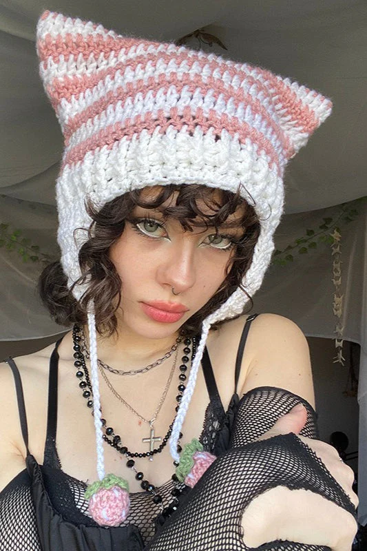 Fox Ears Color Block Striped Pom Pom Knitted Hat - Image 3