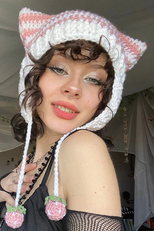 Fox Ears Color Block Striped Pom Pom Knitted Hat - Image 4