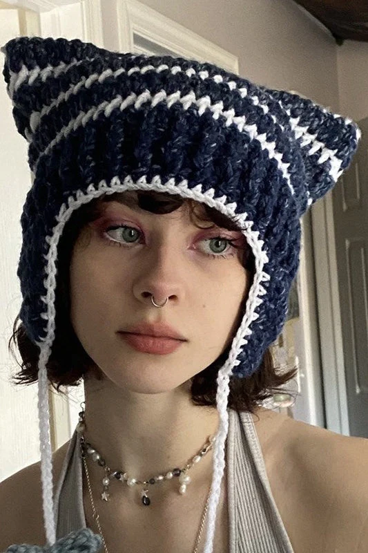 Fox Ears Color Block Striped Pom Pom Knitted Hat - Image 5