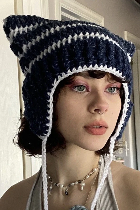 Fox Ears Color Block Striped Pom Pom Knitted Hat - Image 6