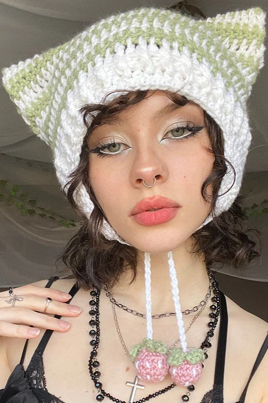 Fox Ears Color Block Striped Pom Pom Knitted Hat - Image 7