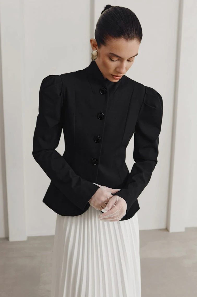 French Elegant Stand Collar Puff Sleeve Blazer - Image 6