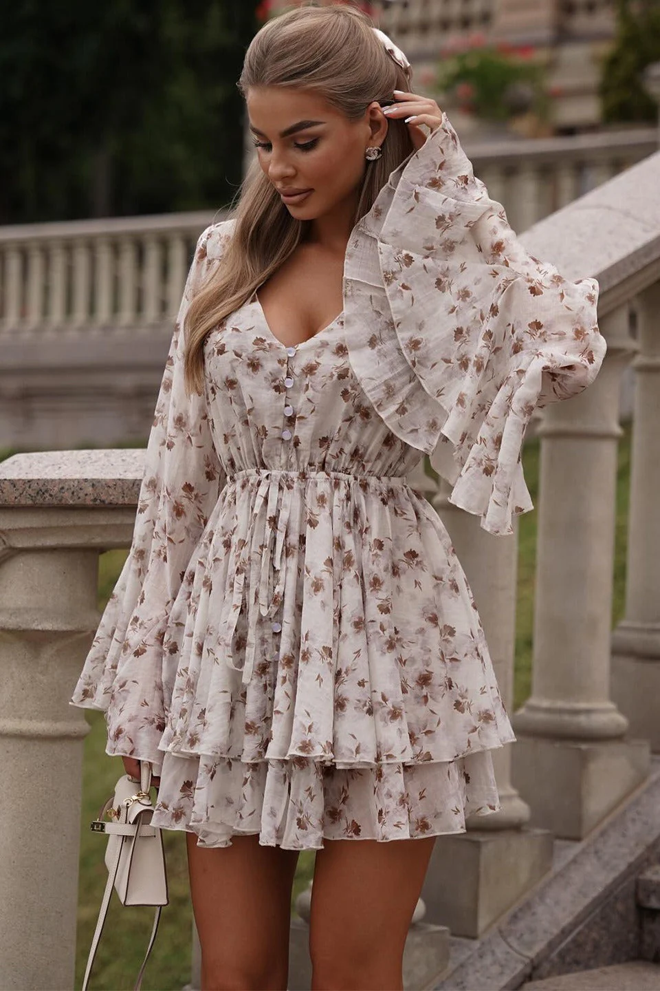 French Floral V-Neck Ruffled Mini Dress - Image 2