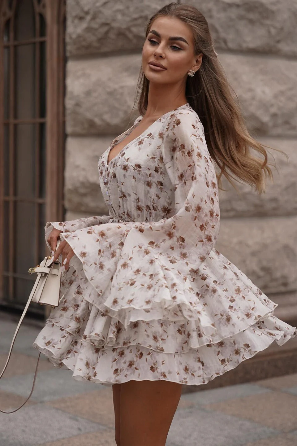 French Floral V-Neck Ruffled Mini Dress - Image 3
