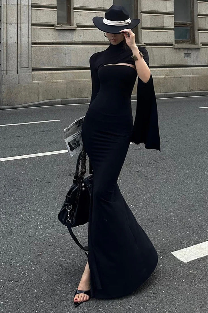 French High-End Solid Slim Asymmetric Long-Sleeve Maxi Dress - Image 2
