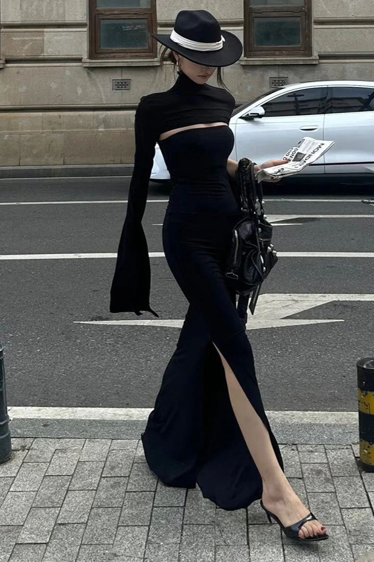 French High-End Solid Slim Asymmetric Long-Sleeve Maxi Dress - Image 5