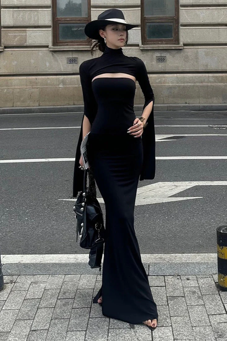 French High-End Solid Slim Asymmetric Long-Sleeve Maxi Dress - Image 7