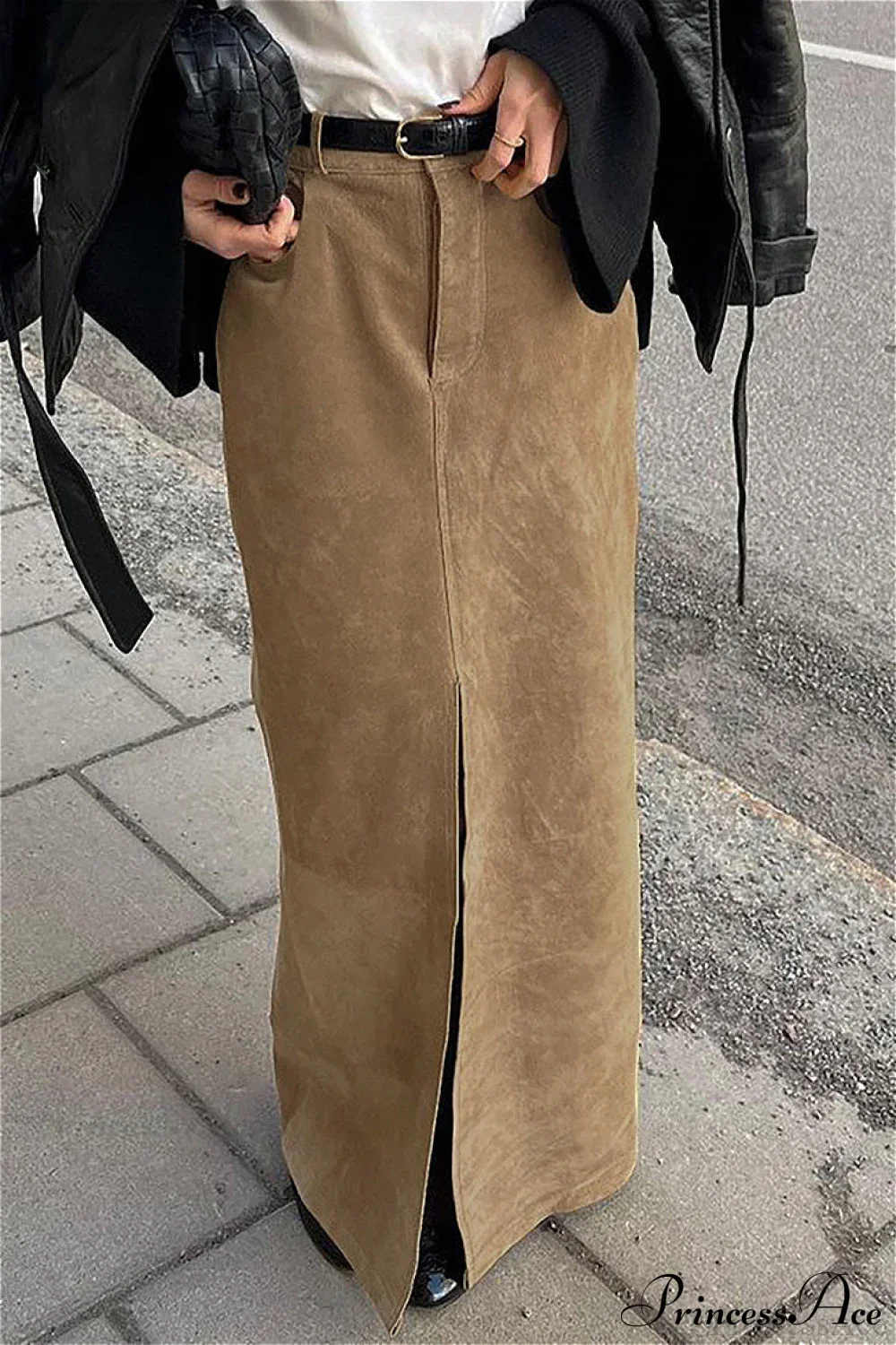 French Retro Suede High Waist Split Maxi Skirt - Image 3