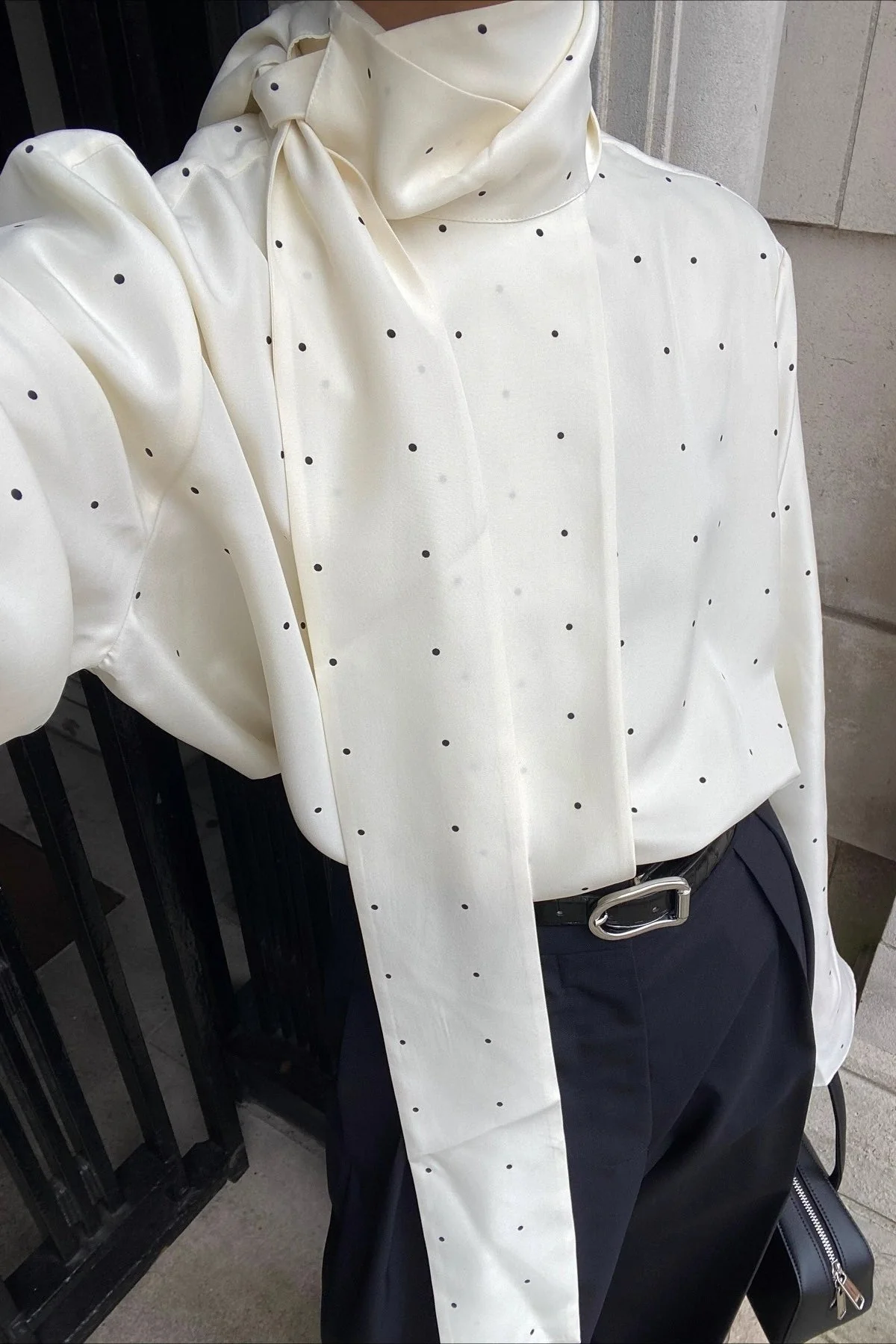Ribbon Polka Dot Loose Commuter Blouse - Image 3
