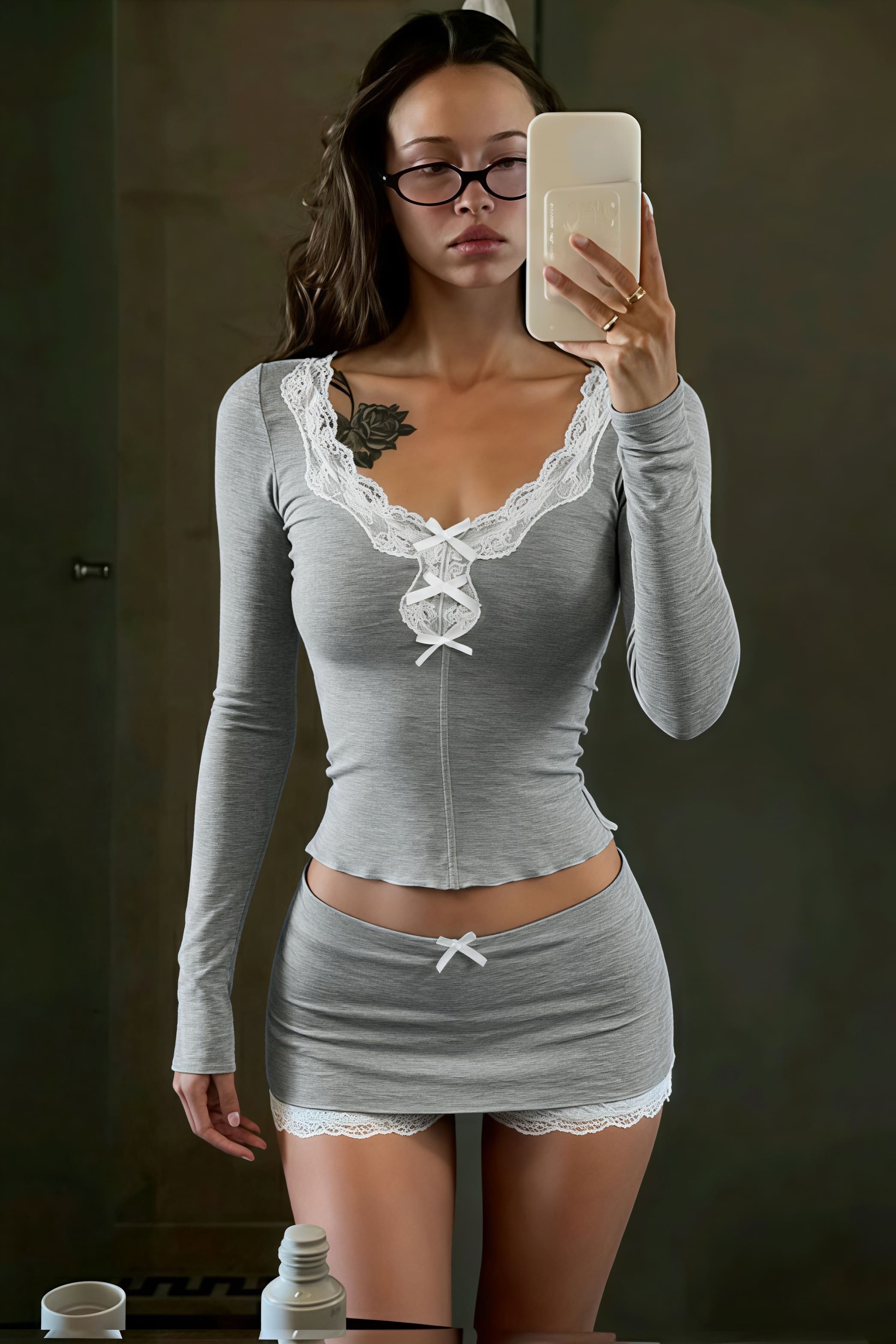 French Romantic Lace Bow Long Sleeve Culottes Set - Image 6