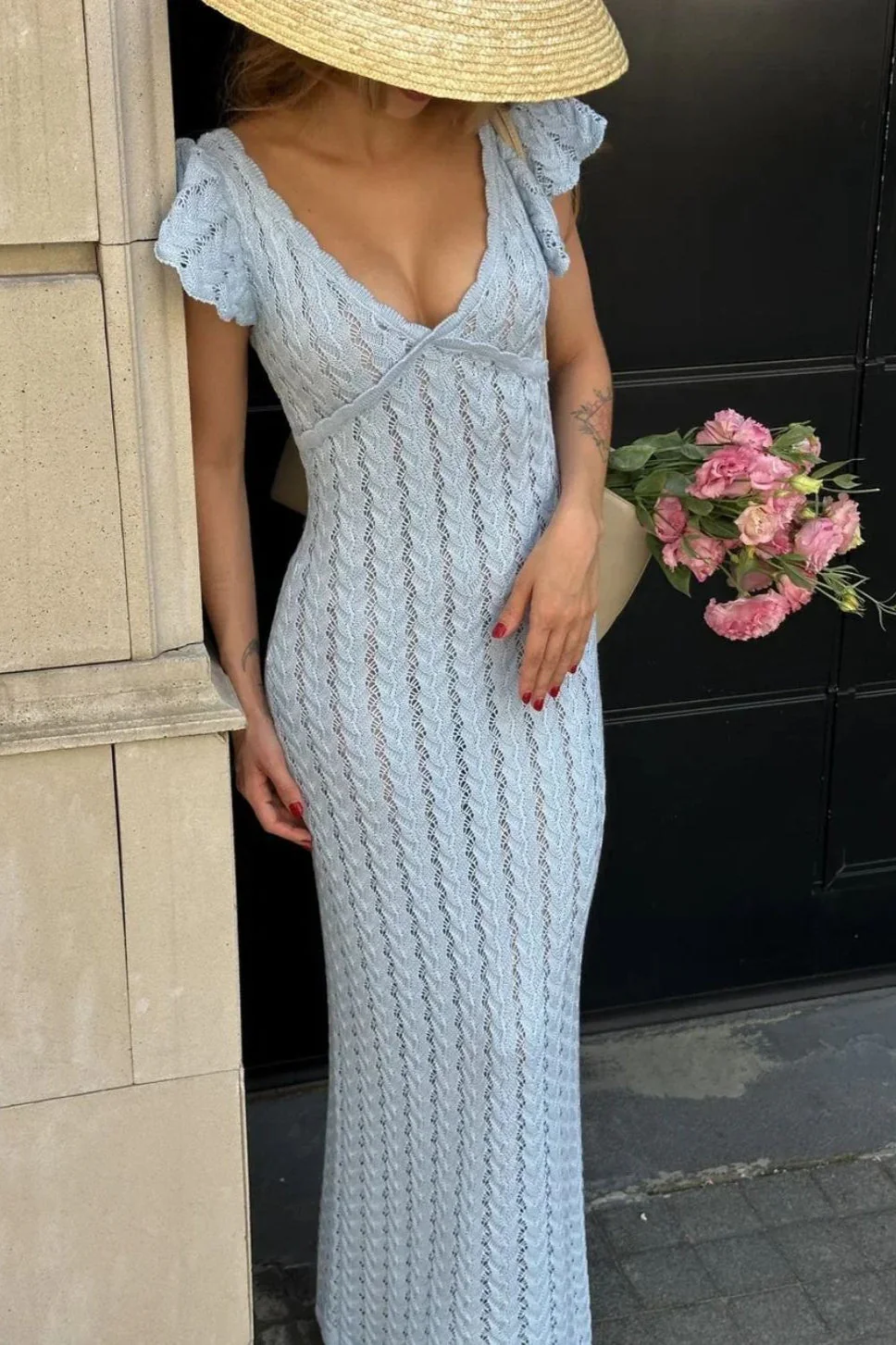 French Ruffle V Neck Knit Pastoral Maxi Dress - Image 2