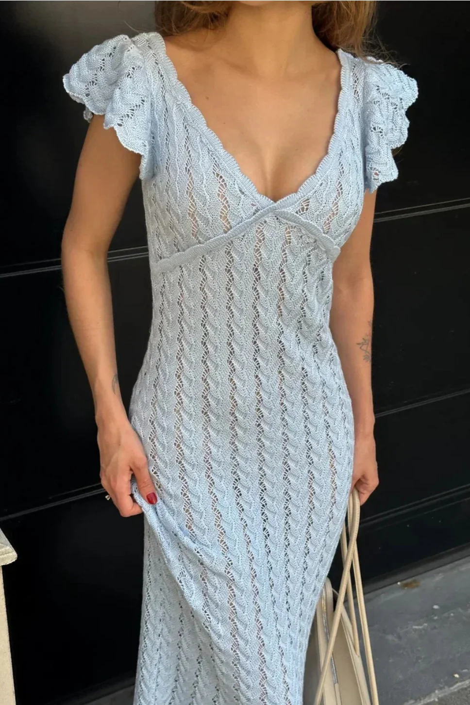 French Ruffle V Neck Knit Pastoral Maxi Dress - Image 3