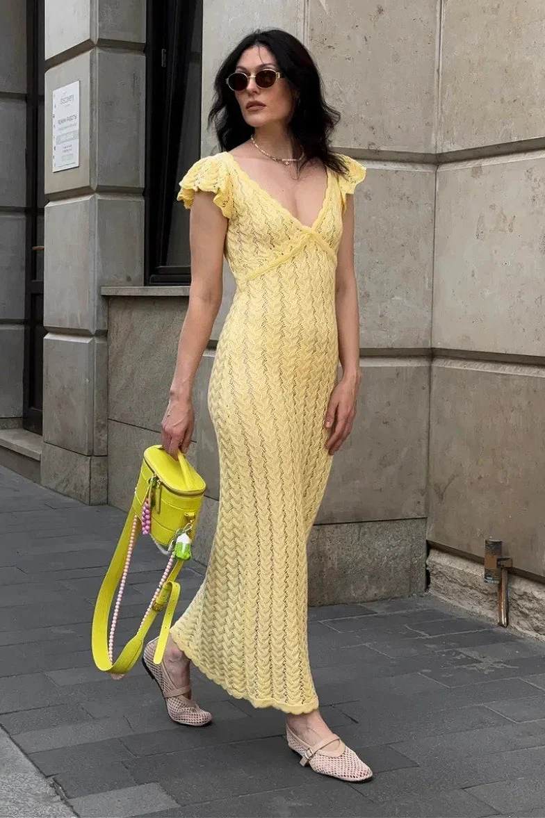 French Ruffle V Neck Knit Pastoral Maxi Dress - Image 6
