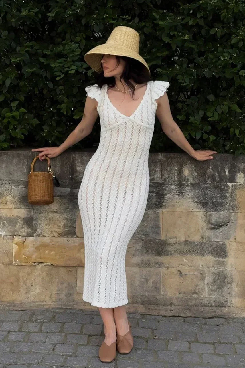 French Ruffle V Neck Knit Pastoral Maxi Dress - Image 7