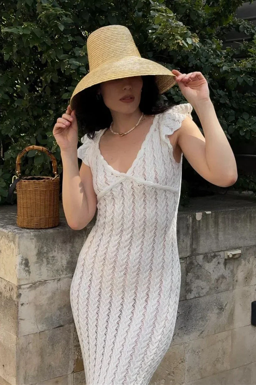 French Ruffle V Neck Knit Pastoral Maxi Dress - Image 9