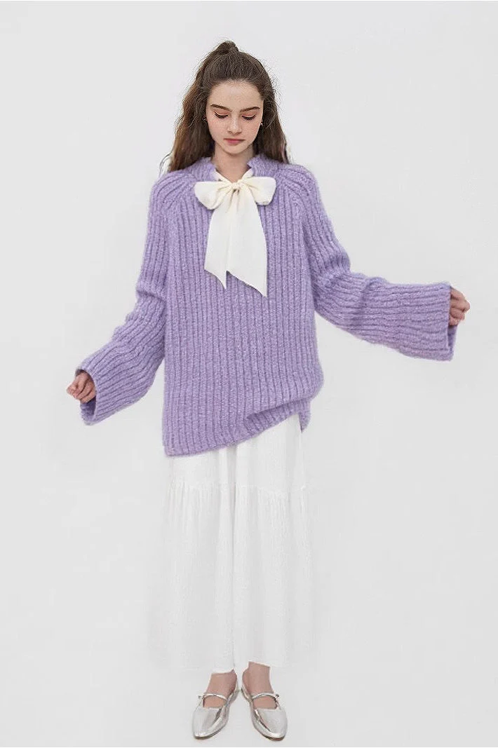 French-Style Bow Sequin Soft Luxe Lazy-Style Loose Knit Sweater - Image 2