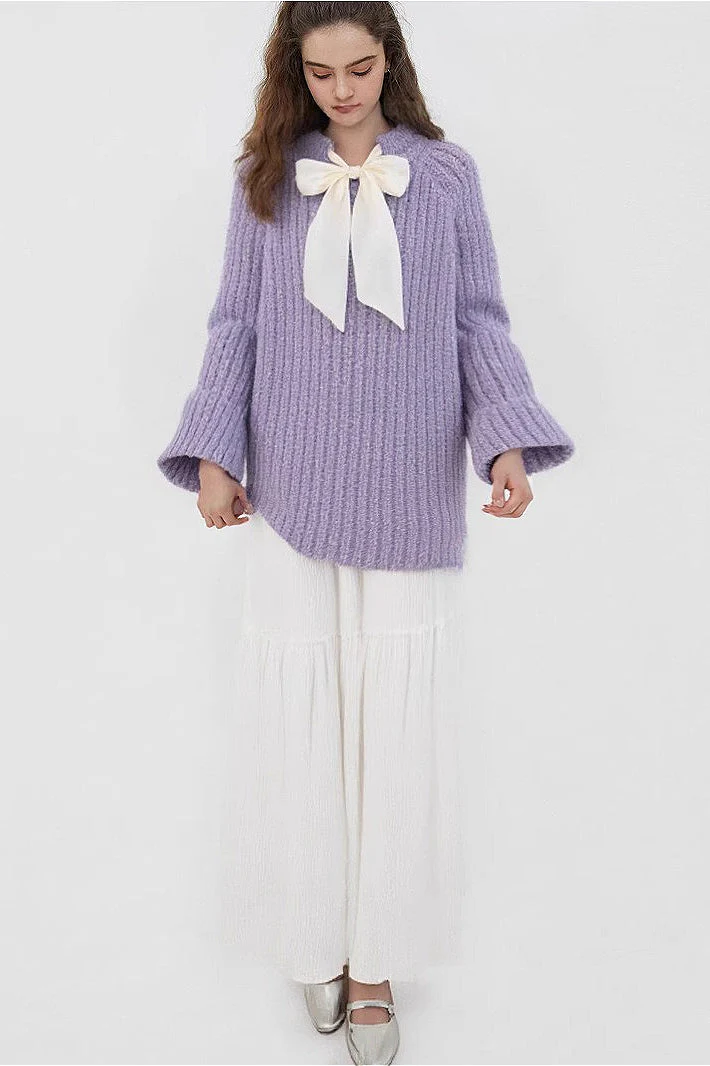 French-Style Bow Sequin Soft Luxe Lazy-Style Loose Knit Sweater - Image 3