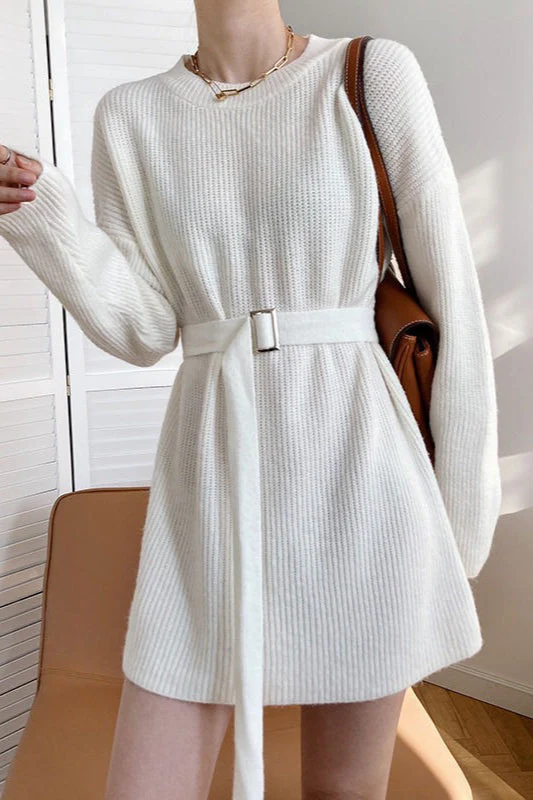 French Style Tie-Waist Knit Mini Dress - Image 10
