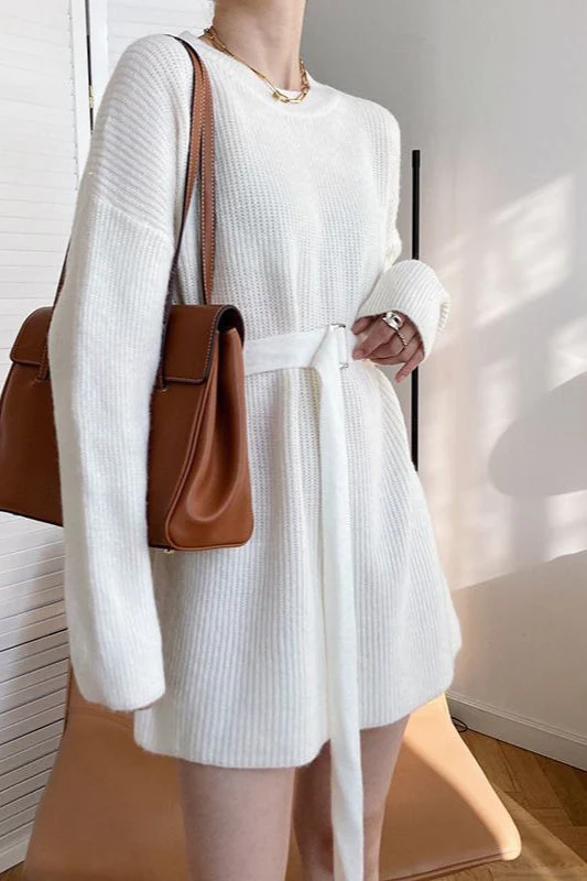 French Style Tie-Waist Knit Mini Dress - Image 11