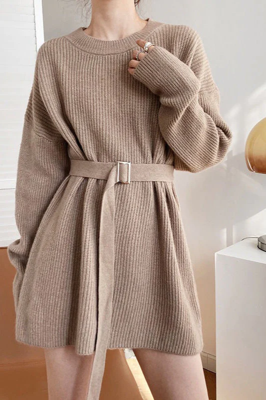 French Style Tie-Waist Knit Mini Dress - Image 2
