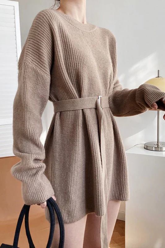 French Style Tie-Waist Knit Mini Dress - Image 3