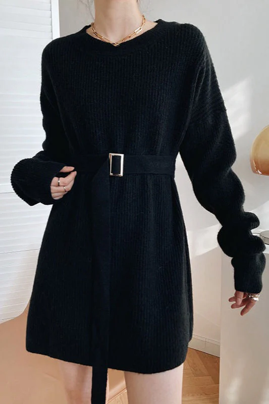 French Style Tie-Waist Knit Mini Dress - Image 7