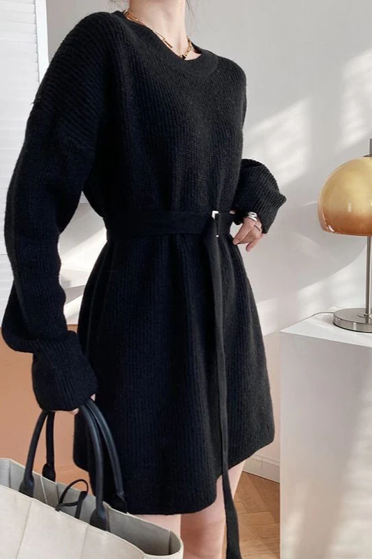French Style Tie-Waist Knit Mini Dress - Image 8