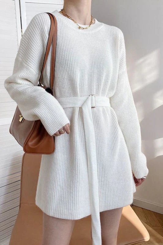 French Style Tie-Waist Knit Mini Dress - Image 9