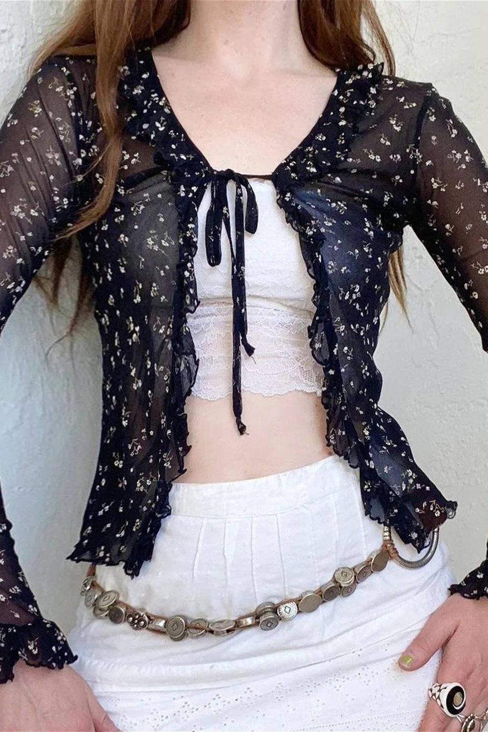 French Vintage Floral Bow Tie Tulle Cardigan Blouse - Image 2