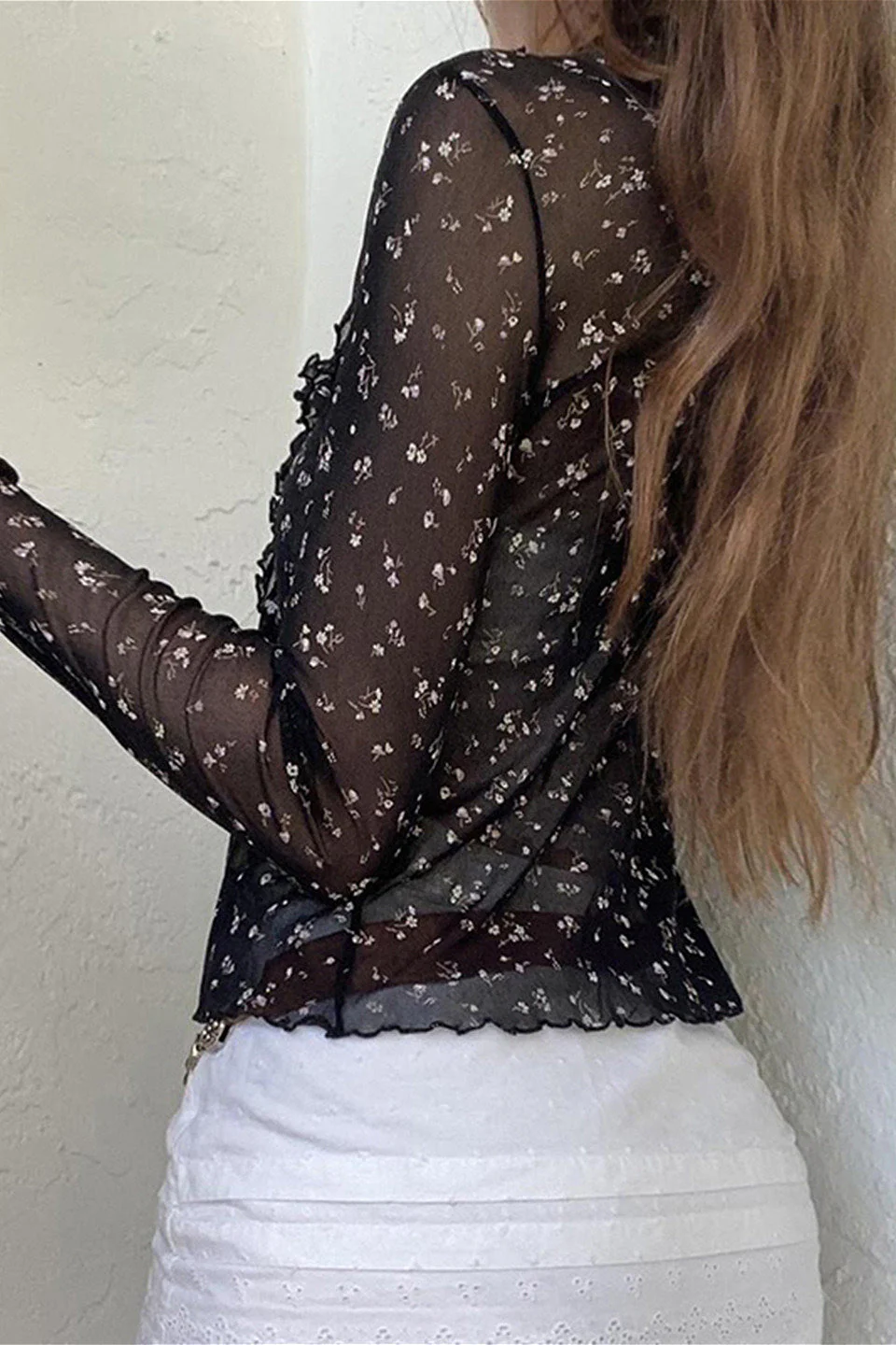French Vintage Floral Bow Tie Tulle Cardigan Blouse - Image 3