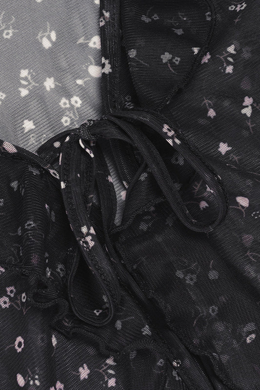 French Vintage Floral Bow Tie Tulle Cardigan Blouse - Image 4