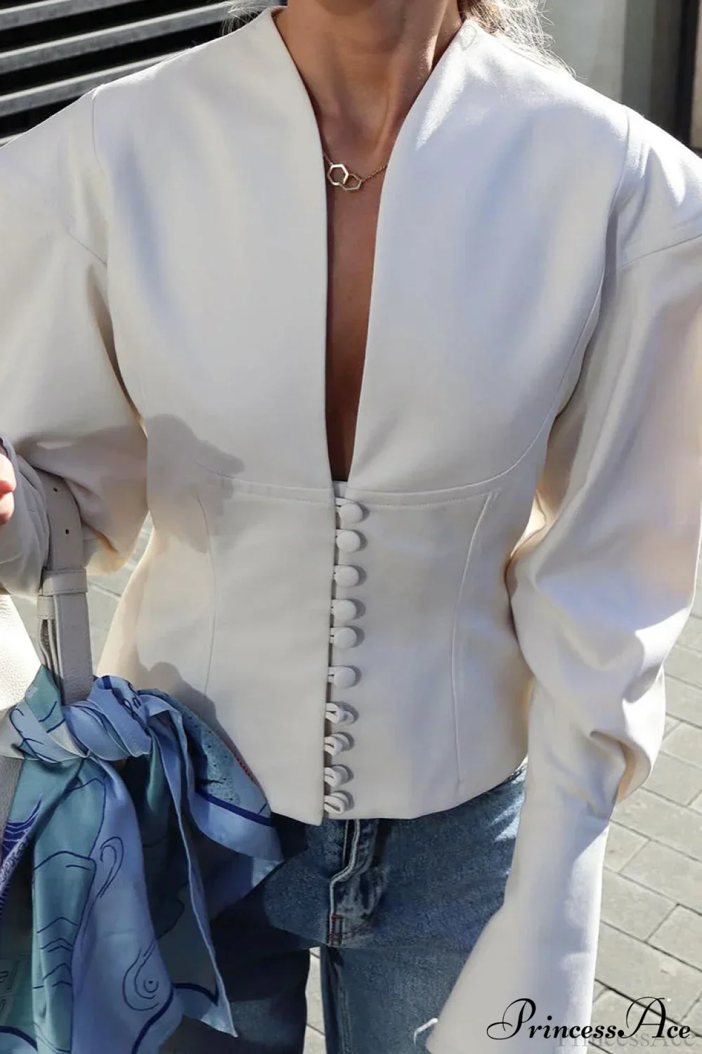 Waist Cinching V Neck Long Sleeve Coat - Image 3