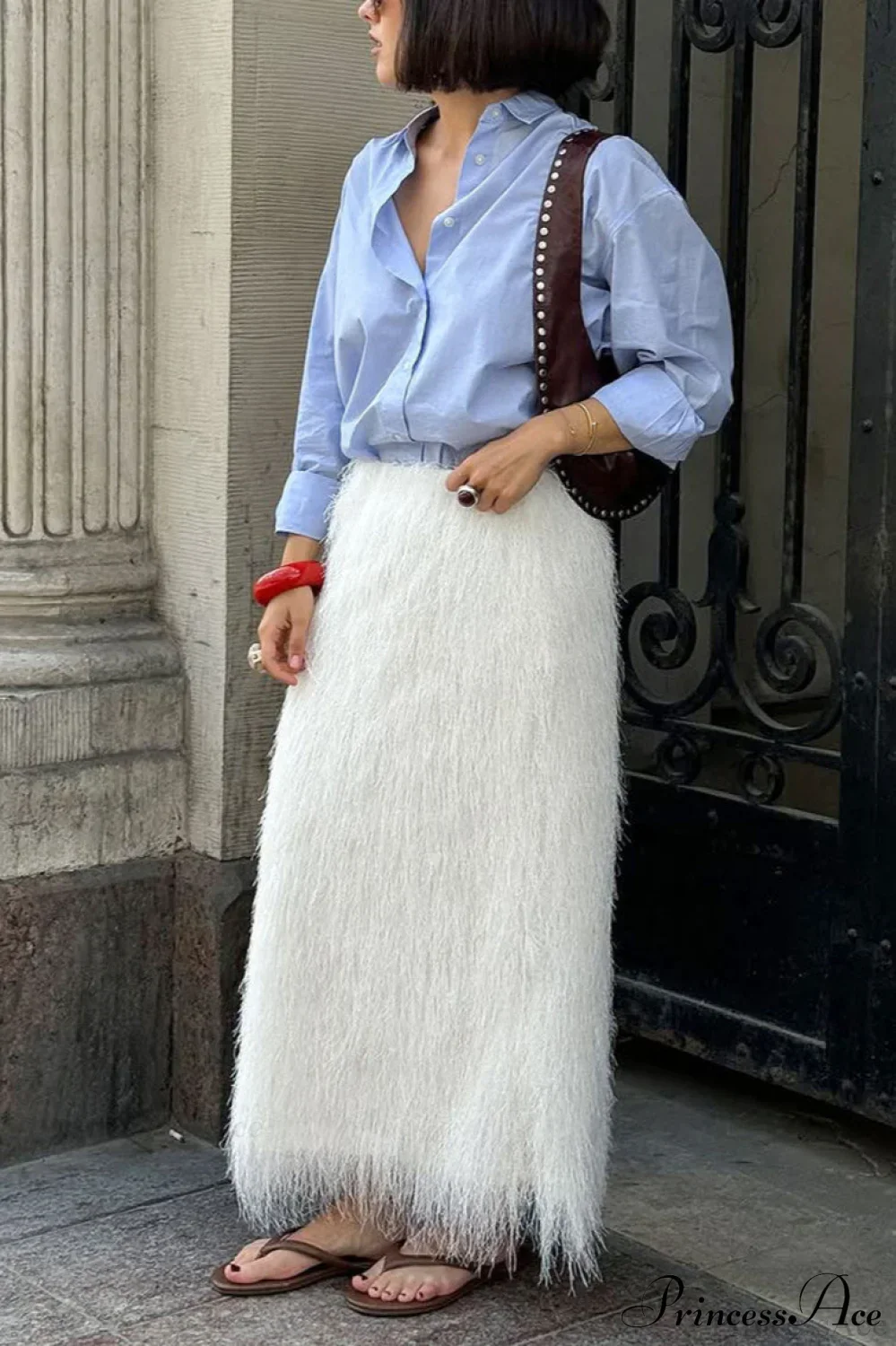 Fringe High Waist A-Line Midi Skirt - Image 4