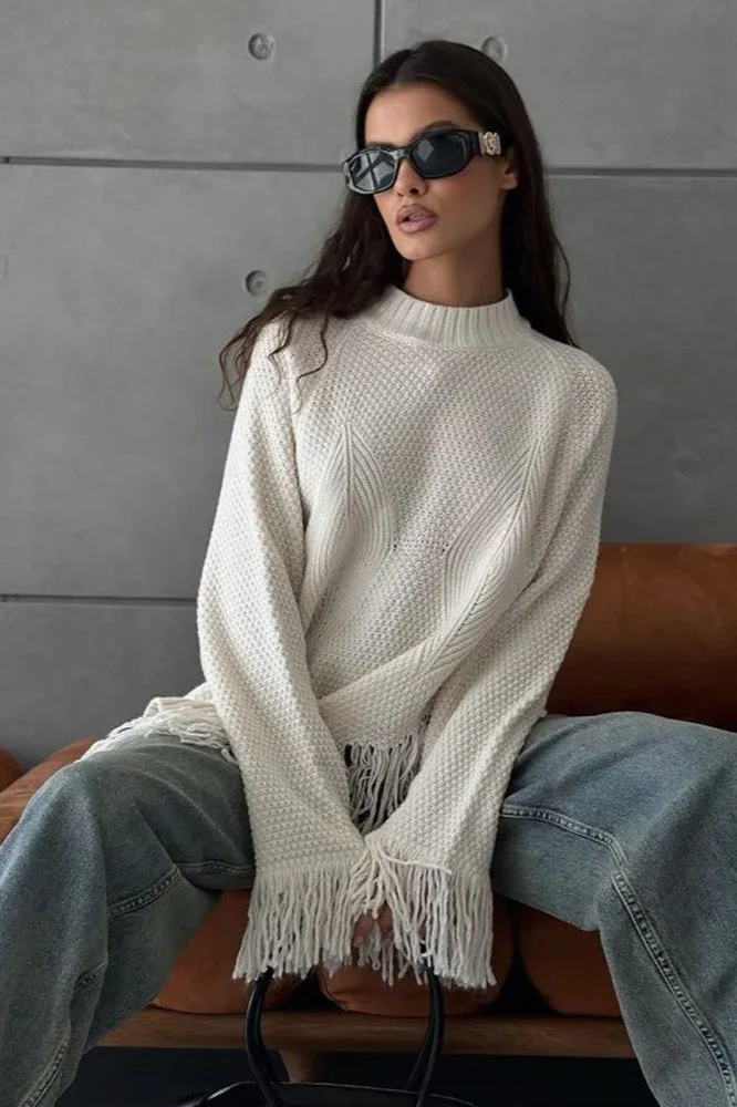 Fringe Round Neck Knit Asymmetric Blouse - Image 2