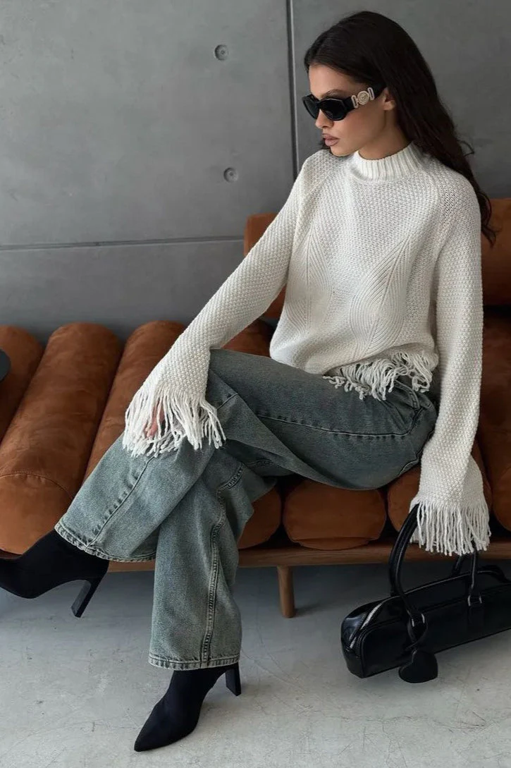 Fringe Round Neck Knit Asymmetric Blouse - Image 3