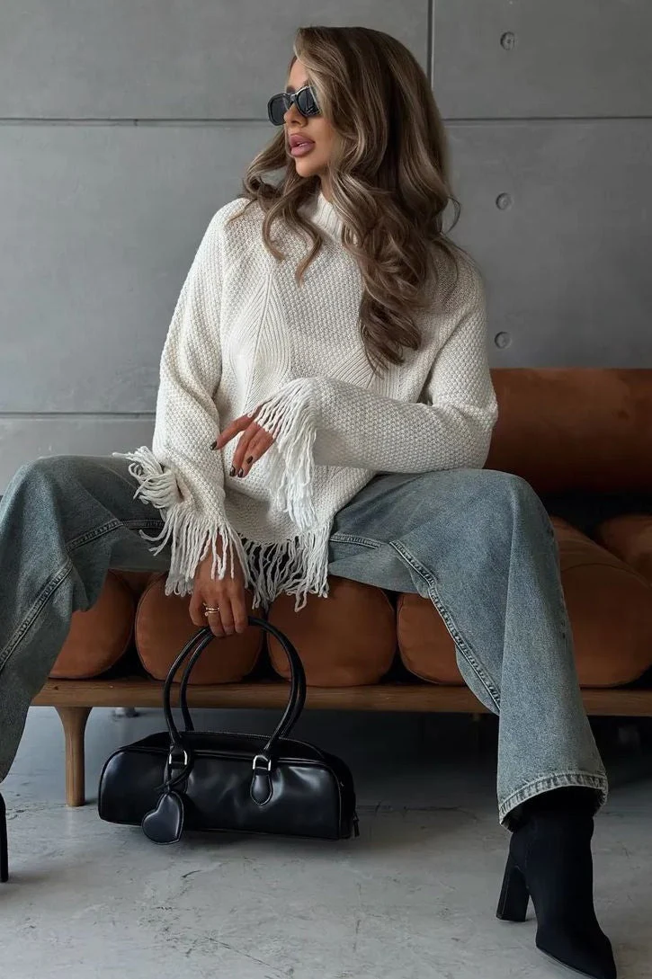 Fringe Round Neck Knit Asymmetric Blouse - Image 5