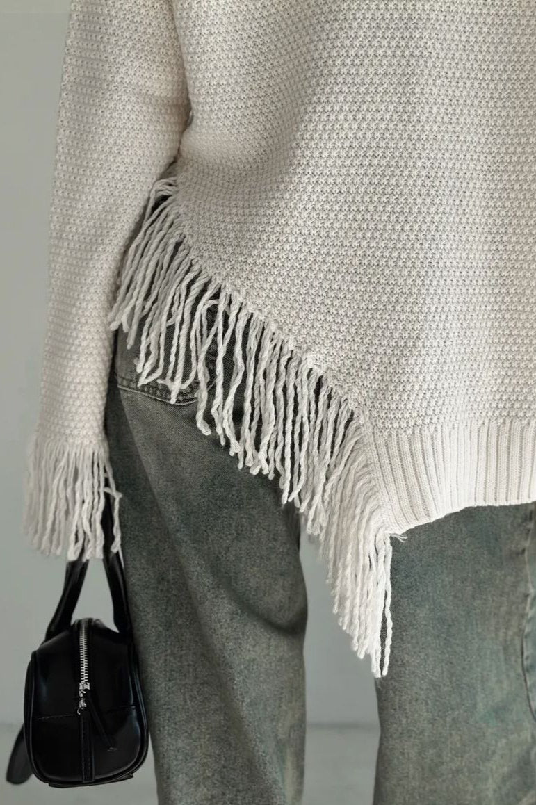 Fringe Round Neck Knit Asymmetric Blouse - Image 6
