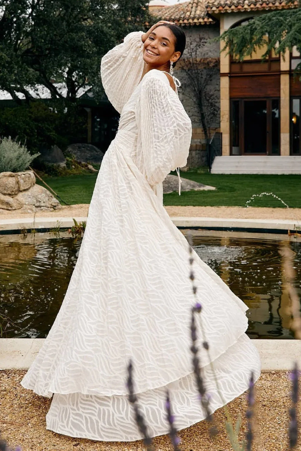 Full Flare Jacquard Ruched Puff Sleeve Backless Tie Maxi Dress - Image 2