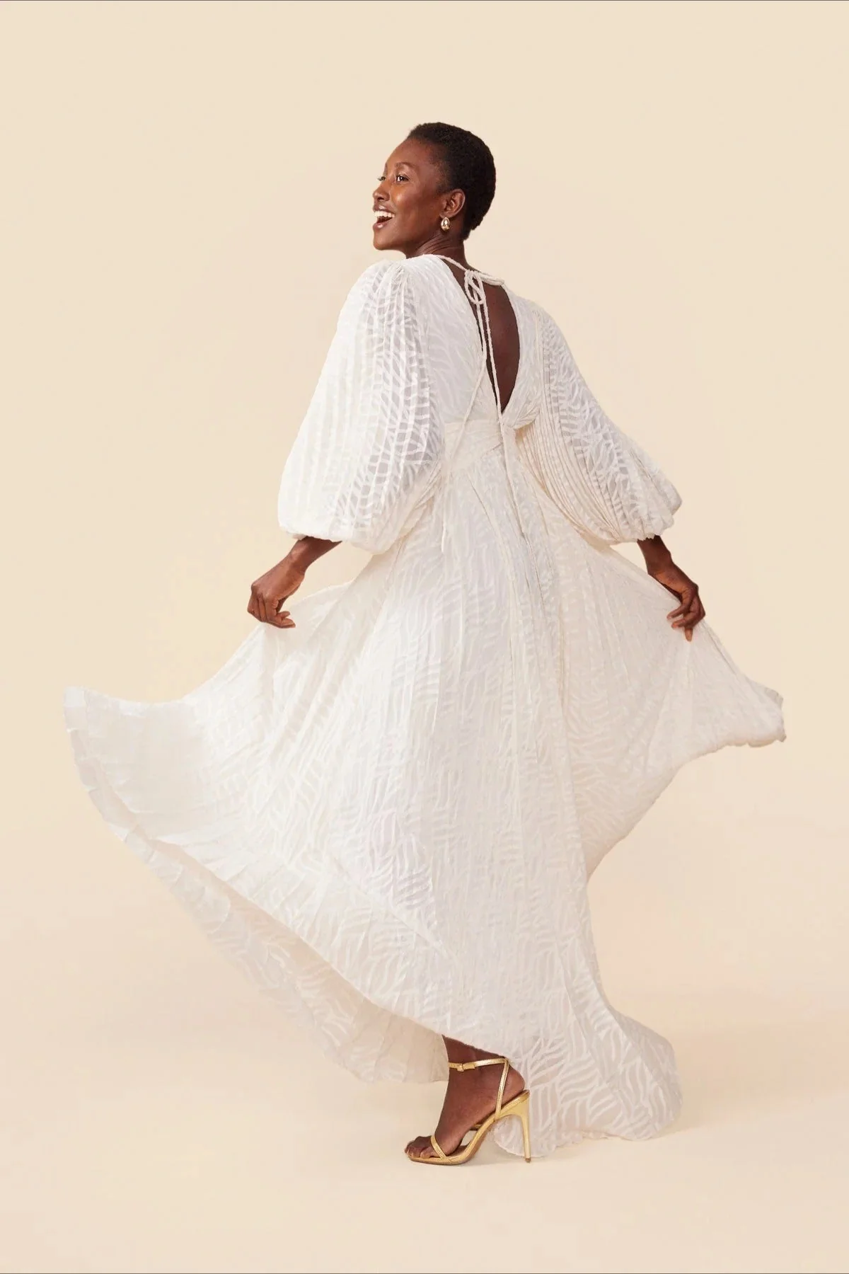 Full Flare Jacquard Ruched Puff Sleeve Backless Tie Maxi Dress - Image 5