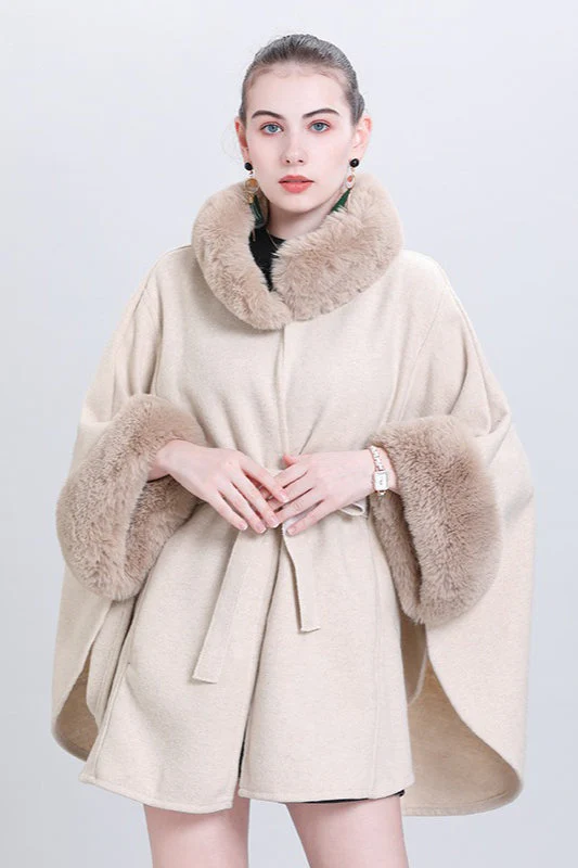 Fur Collar Tie Knitted Cardigan Loose Wool Blend Cape Coat - Image 3