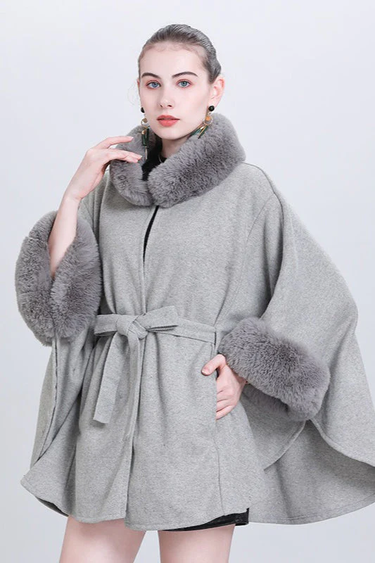 Fur Collar Tie Knitted Cardigan Loose Wool Blend Cape Coat - Image 4