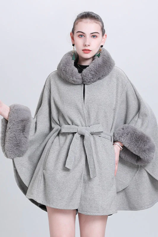 Fur Collar Tie Knitted Cardigan Loose Wool Blend Cape Coat - Image 5