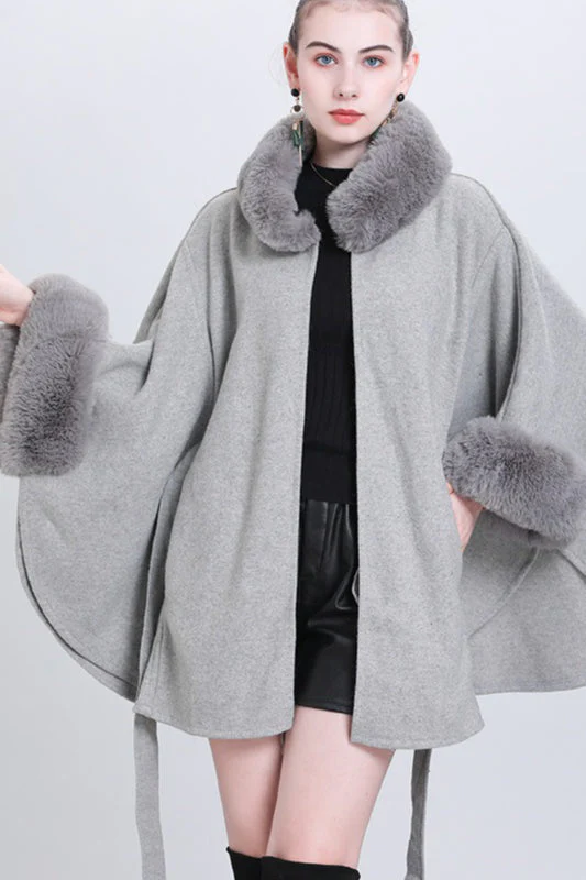 Fur Collar Tie Knitted Cardigan Loose Wool Blend Cape Coat - Image 6