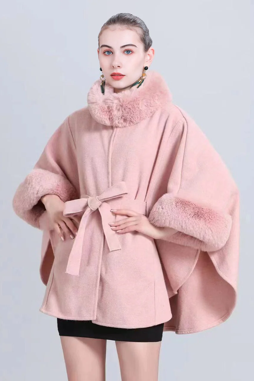 Fur Collar Tie Knitted Cardigan Loose Wool Blend Cape Coat - Image 7