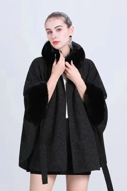 Fur Collar Tie Knitted Cardigan Loose Wool Blend Cape Coat - Image 8