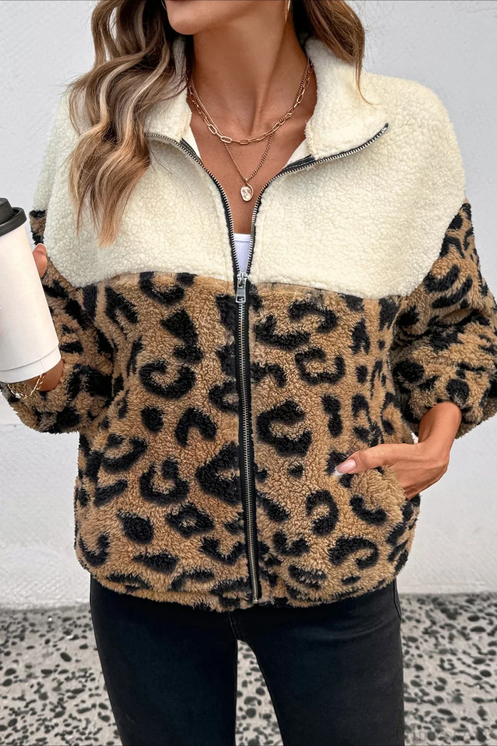 Furry Leopard Warm Turn-Down Collar Coat - Image 2