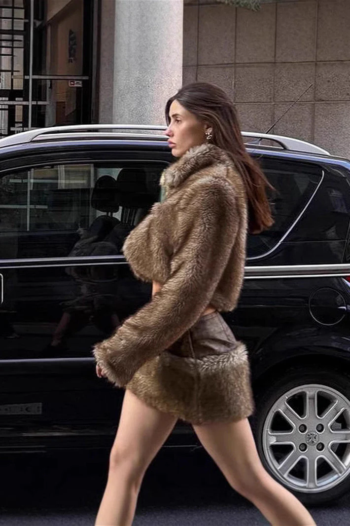 Furry Retro Crop Top Skirt Fox Fur Two Piece Set - Image 2