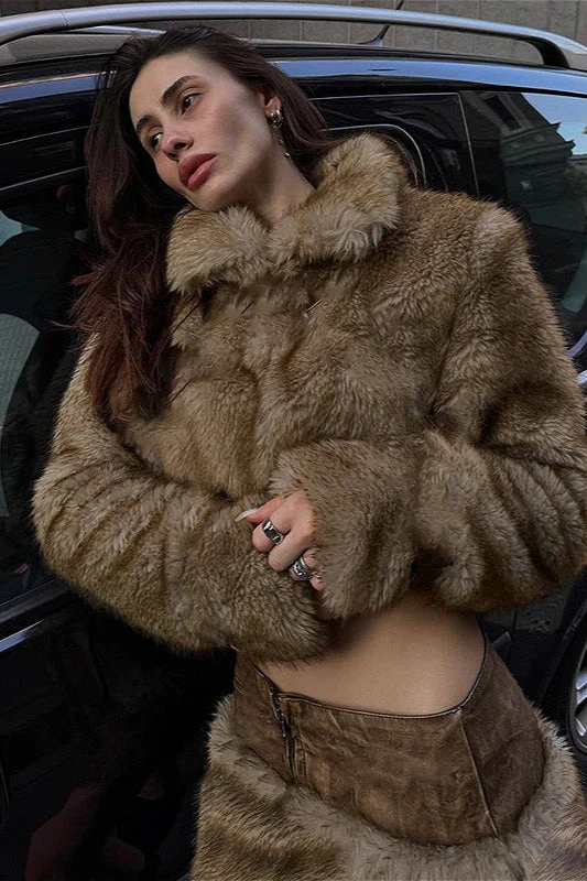 Furry Retro Crop Top Skirt Fox Fur Two Piece Set - Image 3